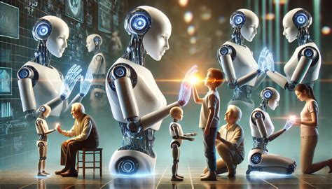 Ilustrace humanoidního robota pracujícího po boku člověka ve výrobě.