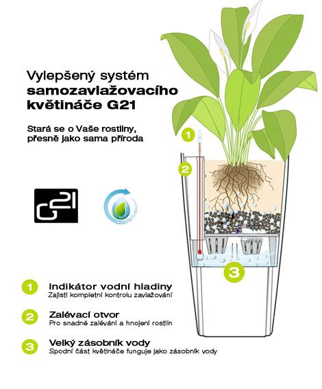 Grafika zobrazující systém samozavlažování květináče G21 Combi