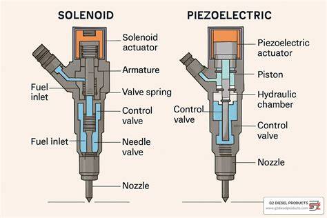 Infografika: Srovnání typů vstřikovačů (solenoid vs piezo) a typů palivových systémů