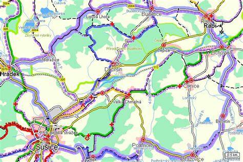 Mapa okolí Sušice: sportoviště, bazén a cyklostezka podél Otavy