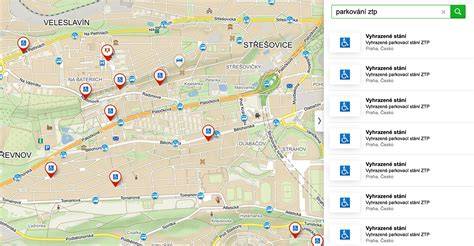 mapa vyznačující vyhrazená parkovací místa pro OZP