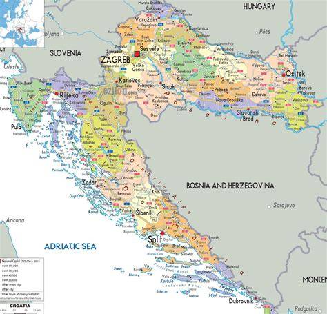 krajinná mapa Chorvatska s hlavními destinacemi