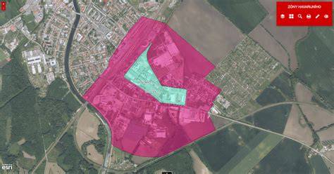 mapa zón havarijního plánování kolem chemických areálů