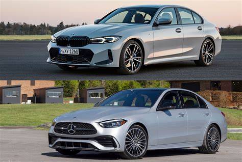 Infografika: Porovnání délek, rozvorů a kapacit zavazadelových prostor BMW řady 3 vs Mercedes třídy C