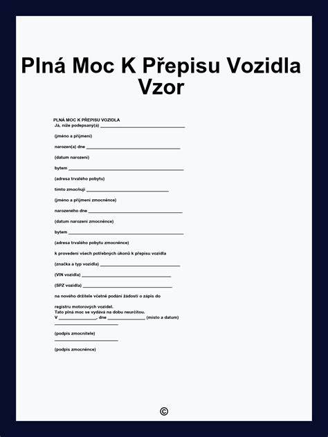 přepis vozidla dokumenty a plná moc