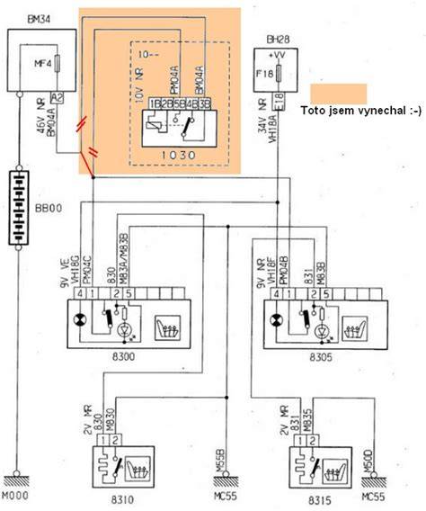 Diagram zapojení vyhřívání sedaček a hlavních komponent