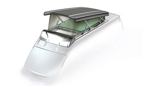 Detail zvedací střechy obytné dodávky s otevřeným horním lůžkem