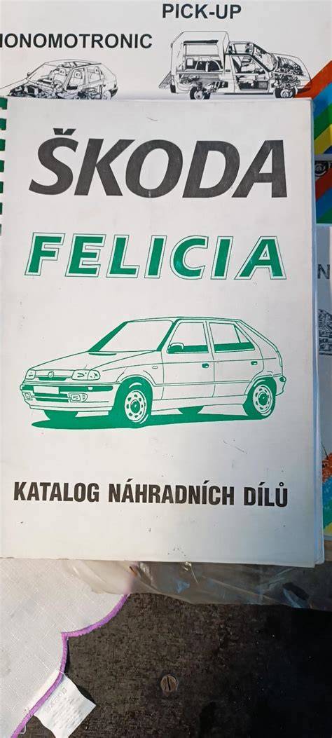 Infografika ukazující základní skupiny dílů pro Škoda Felicia a kompatibilní modely (motor, elektrika, karosérie, stěrače, světla).