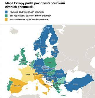 mapa Evropy zimní pneumatiky pravidla