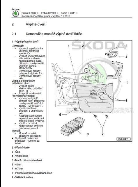 schema umístění šroubů ve dveřích Fabia
