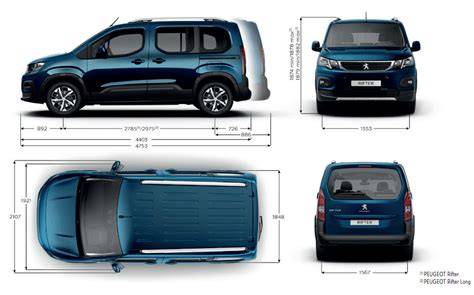 Schéma velikosti a rozměrů Peugeot Rifter a jeho verze Long vs Standard