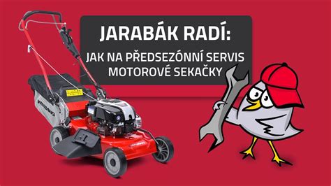 Ilustrace zahrnující různé části motorové sekačky, které vyžadují údržbu.