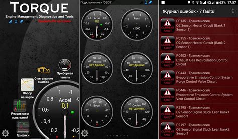 Ukázka obrazovky aplikace Torque s různými 