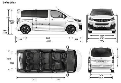 Infografika: Rozměry a verze Opel Zafira Life (Small, Medium, Large)