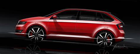 Obrázek konceptu Škoda Rapid Spaceback v červené barvě s popisem: 