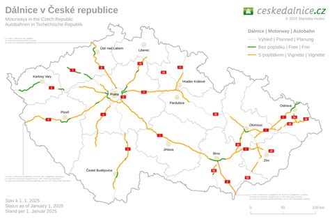 schéma hlavních dálnic v České republice s vyznačenými úseky nehody