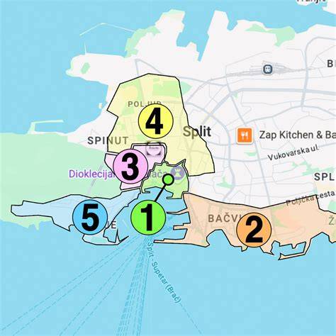 Mapa oblasti Split a okolí s hlavními destinacemi