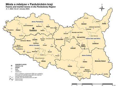 Mapa Pardubického kraje s vyznačením Ústí nad Orlicí