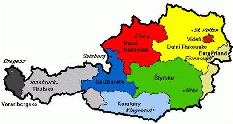 mapa Rakouska s vyznačenými spolkovými zeměmi a hlavními autobazary