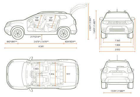 schematický pohled na rozměry Dacia Duster (délka, šířka, výška, rozvor)