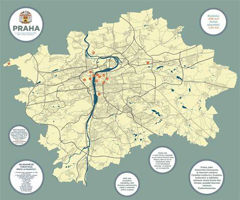 Mapa Prahy s vyznačenými okruhy a místy popsáními