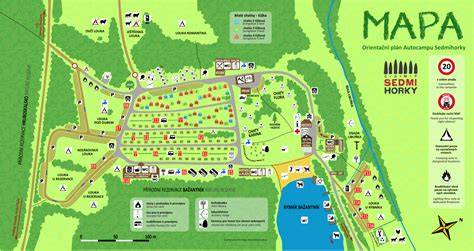 Infografika: Mapa kempu Orion a okolí s vyznačením Lužnice, pískoven a hlavních atrakcí
