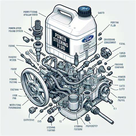 Infografika: Schéma systému posilovače řízení Ford Focus a možných míst úniku oleje