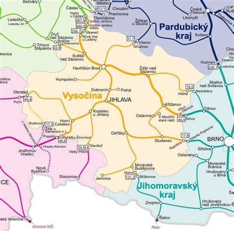 Mapa polohy autovrakoviště Toyota Vysočina a dostupné trasy