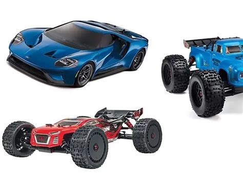 Ilustrace různých typů RC aut: buggy, monster truck, crawler