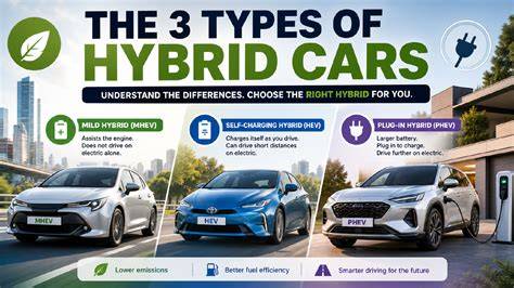 Infografika: Přehled hybridních technologií - mild-hybrid, hybrid, plug-in hybrid, jejich principy a hlavní rozdíly