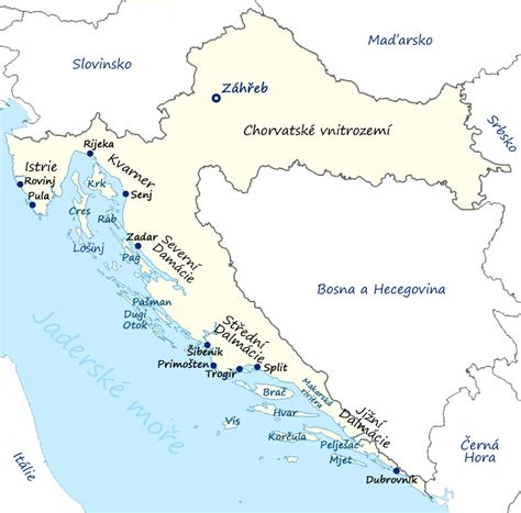 mapa Chorvatska s vyznačenou oblastí Obrovac a Knin