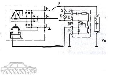 Schéma elektrického zapojení alternátoru a kontrolky dobíjení