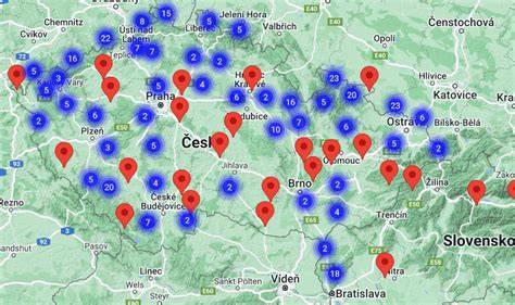 Mapa dostupnosti dobíjecích stanic v ČR a vybrané klíčové trasy pro firemní flotilu