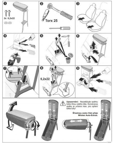 Infografika s krok-za-krokem montáže loketní opěrky do Škoda Roomster