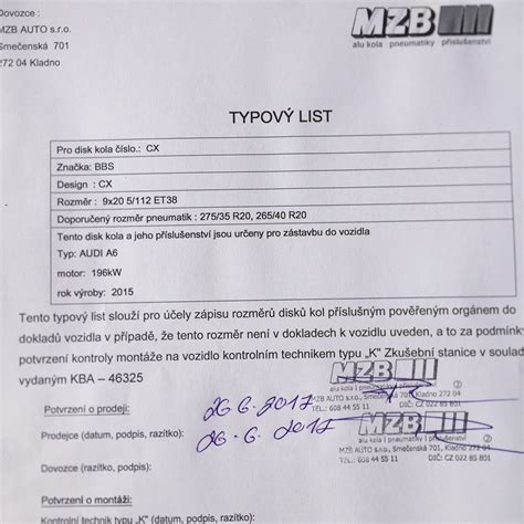 Ukázka typového listu pro alu kola.