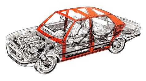 Nákres znázorňující deformační zóny vozu Mercedes-Benz R107 a ochranný rám